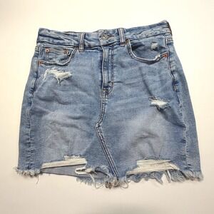 American Eagle Super Stretch Distressed Denim Mini Skirt Womens 6 Raw Hem